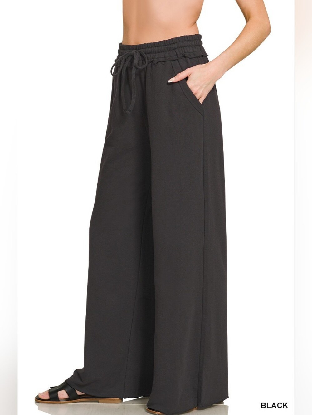 New Arrival!! Zenana French Terry Wide Leg Sweatpants- Black - Picture 3 of 5